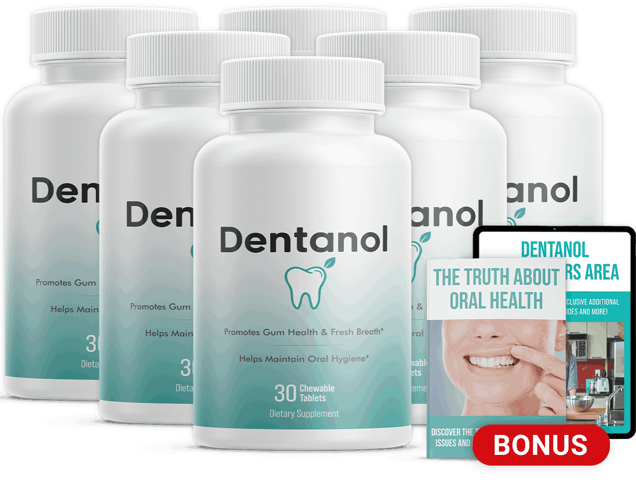 Dentanol oral microbiome support supplement bottles with bonus guide